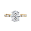 Laboratory grown diamond oval solitaire engagement ring with slim diamond band 18ct gold front view.
