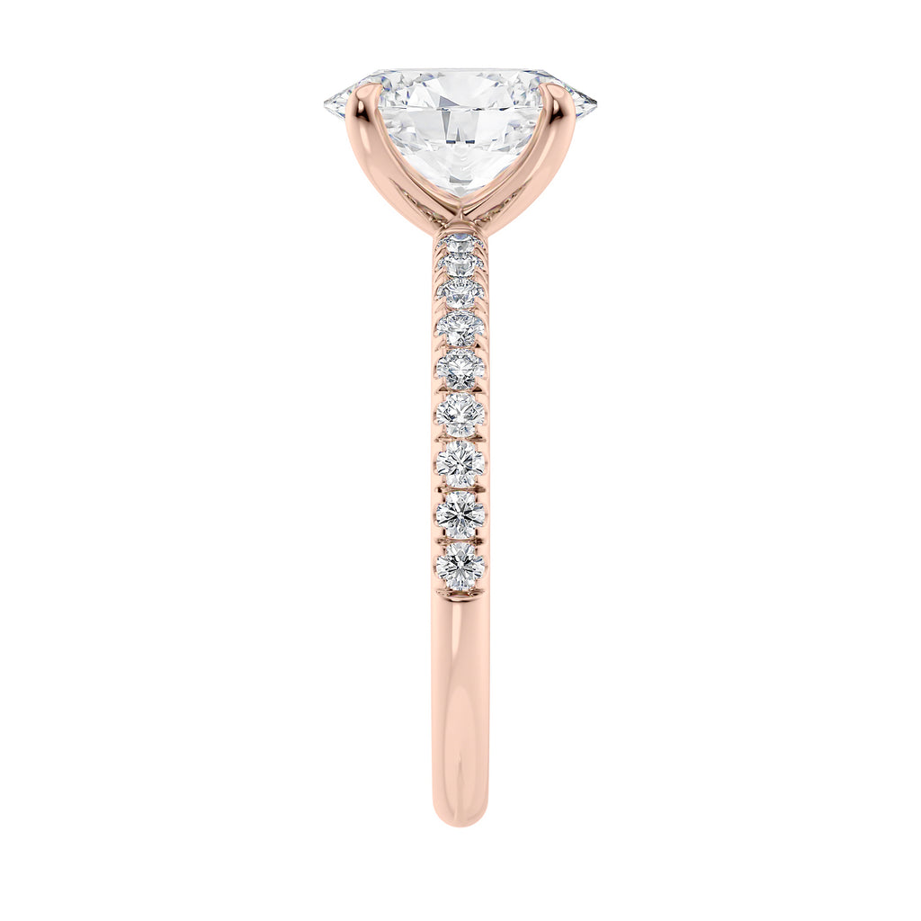 Laboratory grown diamond oval solitaire engagement ring with slim diamond band 18ct rose gold end view.