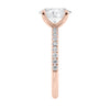 Laboratory grown diamond oval solitaire engagement ring with slim diamond band 18ct rose gold end view.