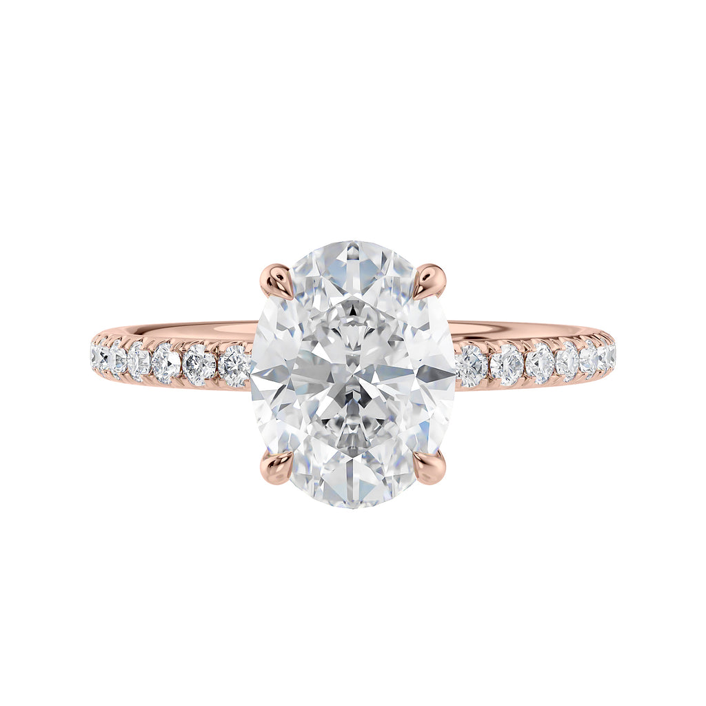 Laboratory grown diamond oval solitaire engagement ring with slim diamond band 18ct rose gold front view.