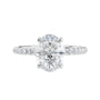 Laboratory grown diamond oval solitaire engagement ring with slim diamond band white gold front view.
