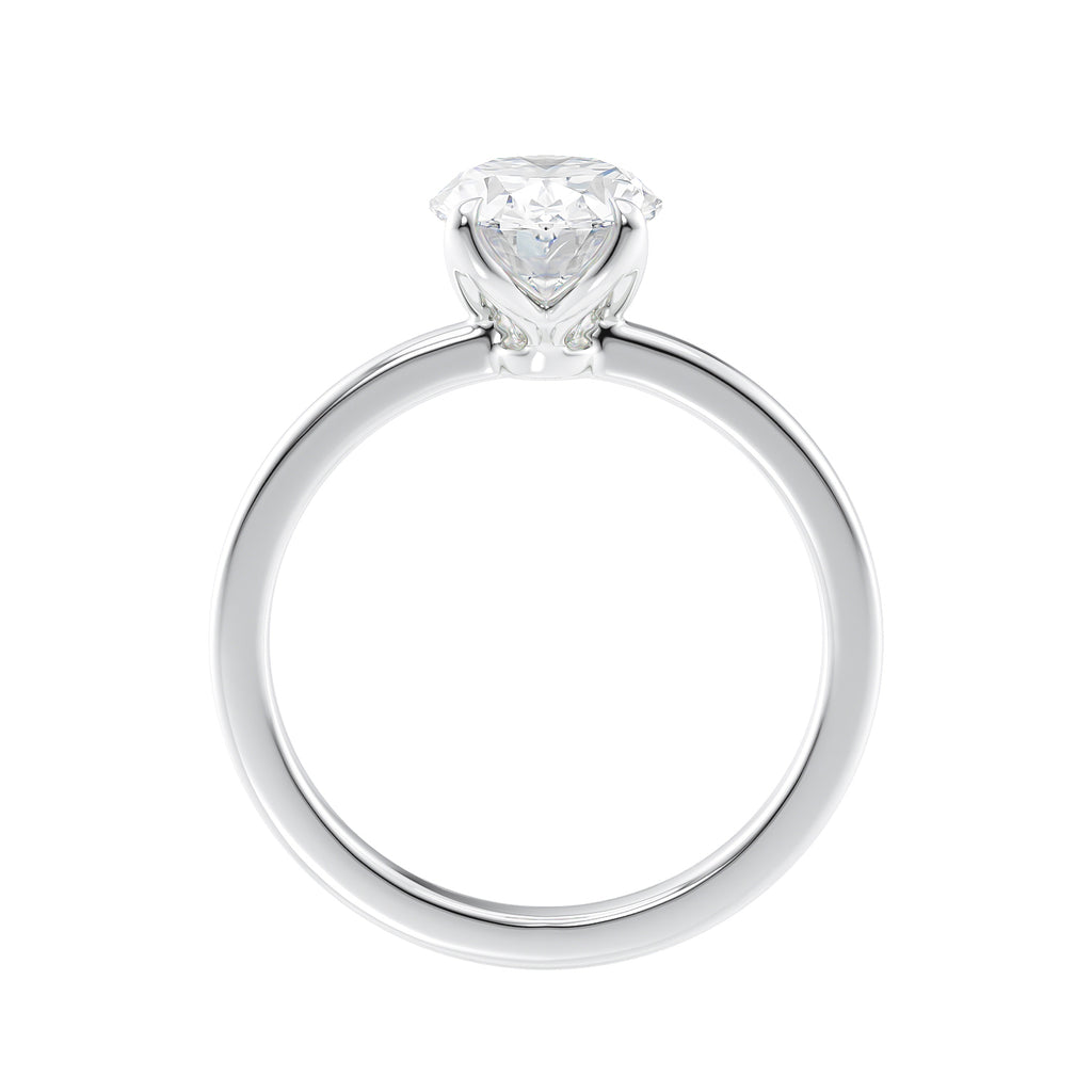 Oval cut diamond engagement ring in contemporary style setting 18 carat white gold side view.