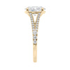 Oval cut diamond engagement ring with diamond set split band 18ct gold end view.