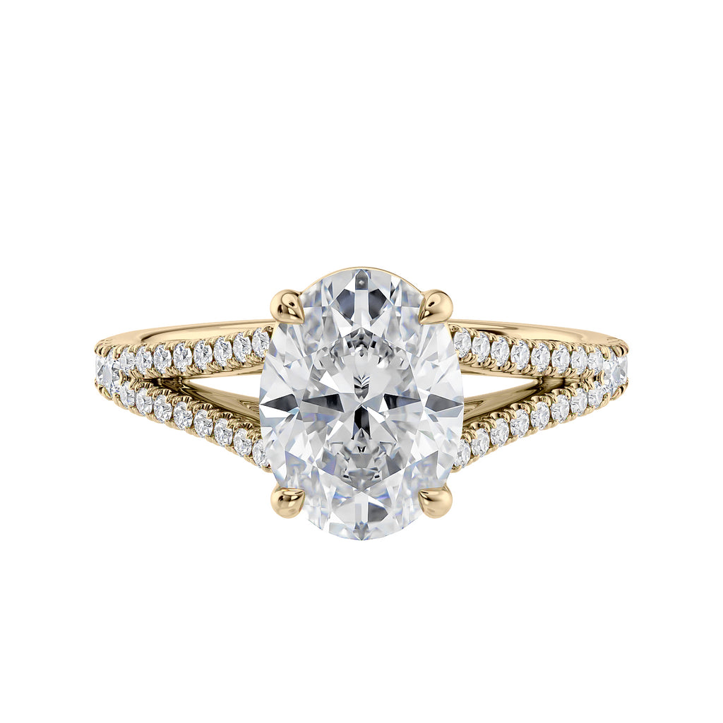 Oval cut diamond engagement ring with diamond set split band 18ct gold front view.