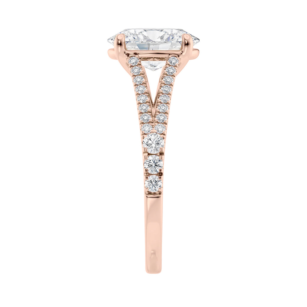 Oval cut diamond engagement ring with diamond set split band rose gold end view.