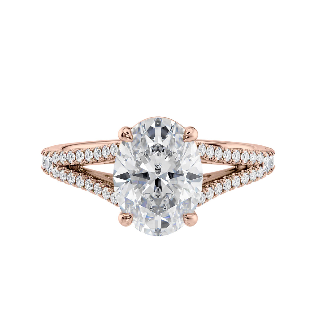 Oval cut diamond engagement ring with diamond set split band rose gold front view.