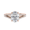 Oval cut diamond engagement ring with diamond set split band rose gold front view.