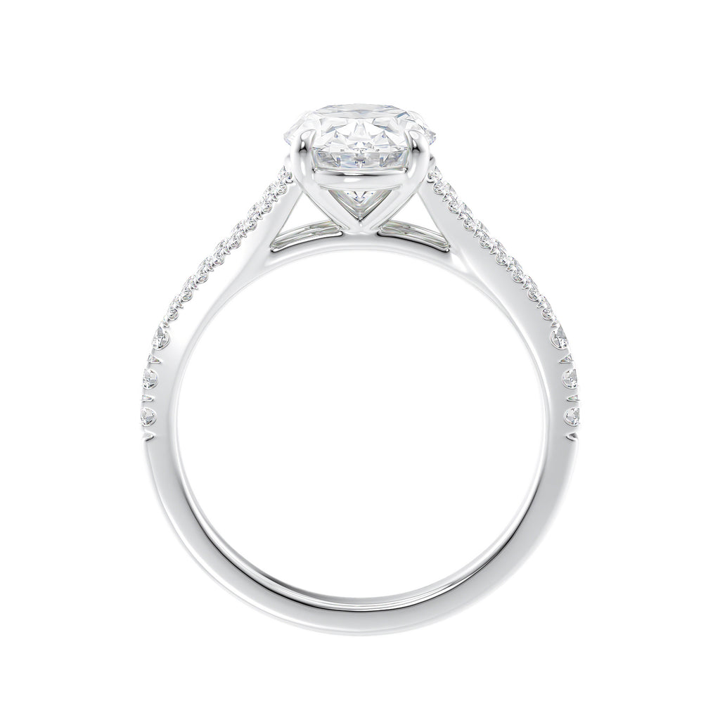 Oval cut diamond engagement ring with diamond set split band white gold side view.