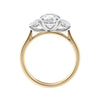 Round brilliant cut 3 stone diamond engagement ring 18ct gold and platinum end view.