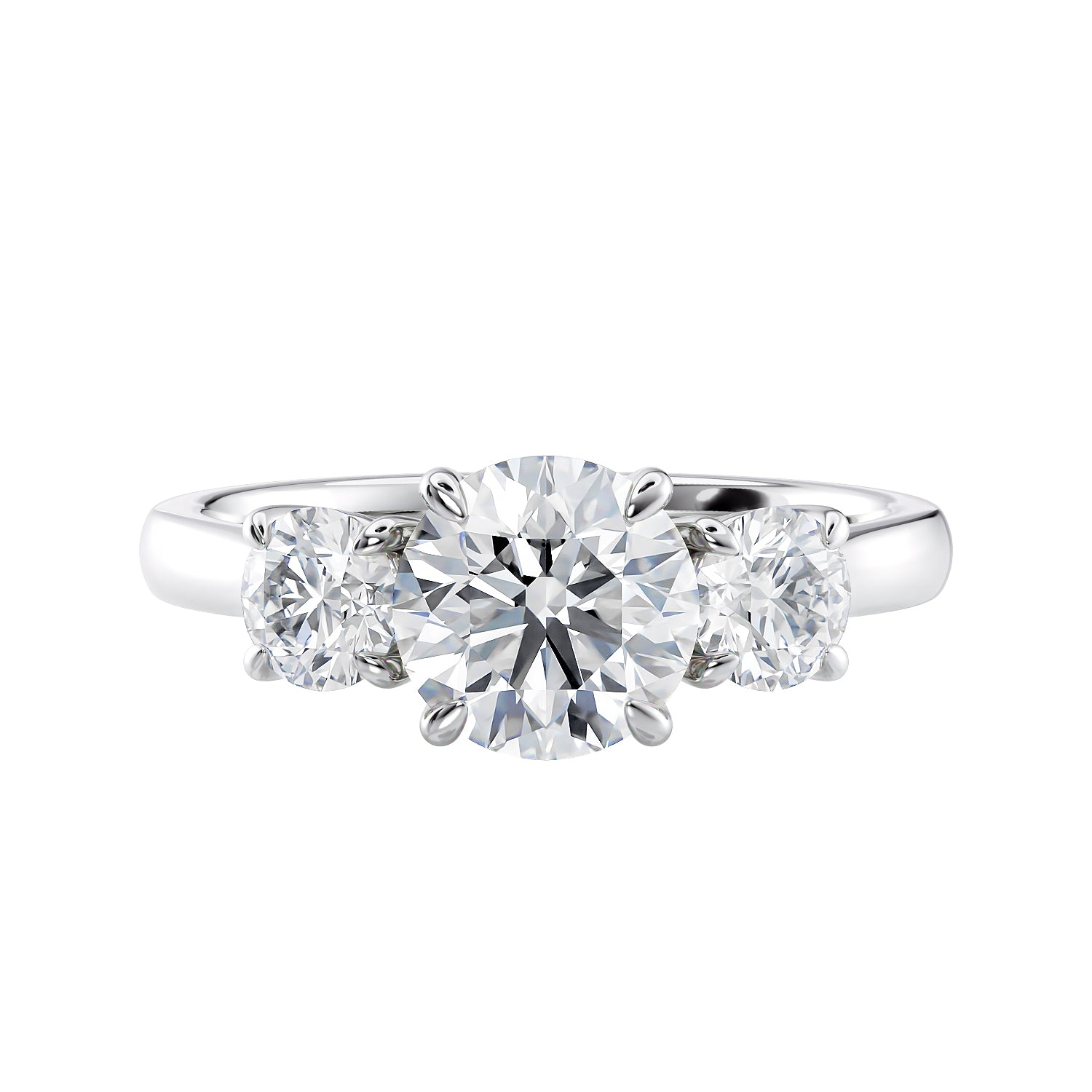 Round brilliant cut 3 stone diamond engagement ring white gold front view.