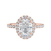Lab grown diamond halo with slim diamond set band 18ct rose gold front view.