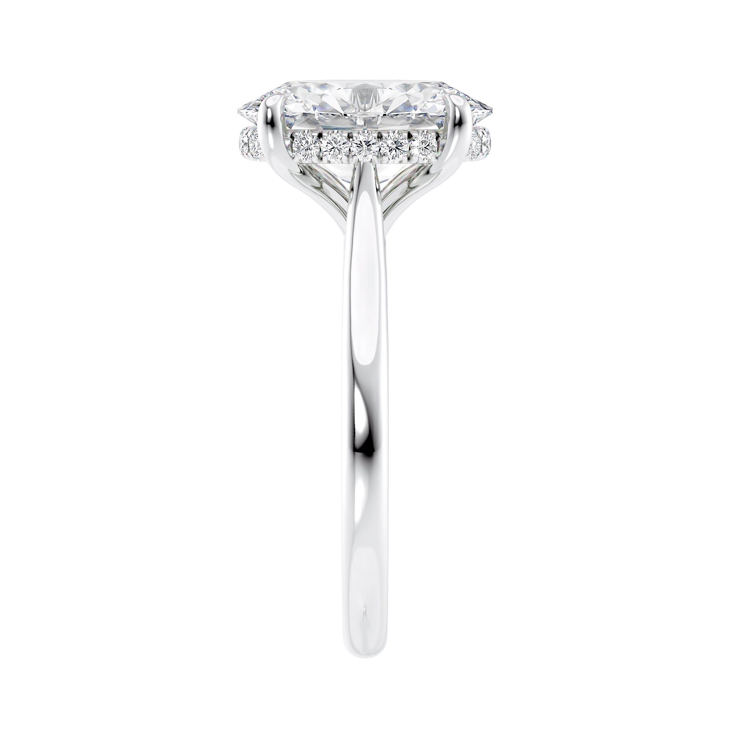 Solitaire oval diamond engagement ring with hidden halo detail platinum on a white background.