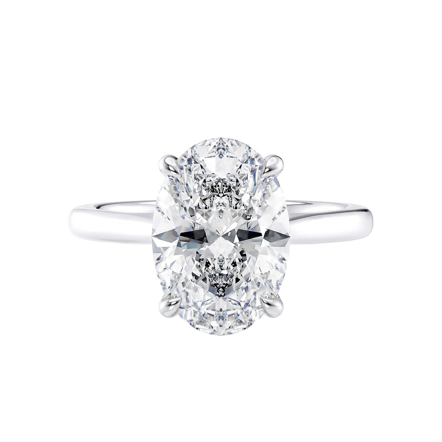 Hidden halo oval solitaire engagement ring white gold front view.