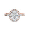 18 carat rose gold oval halo engagement ring front view.