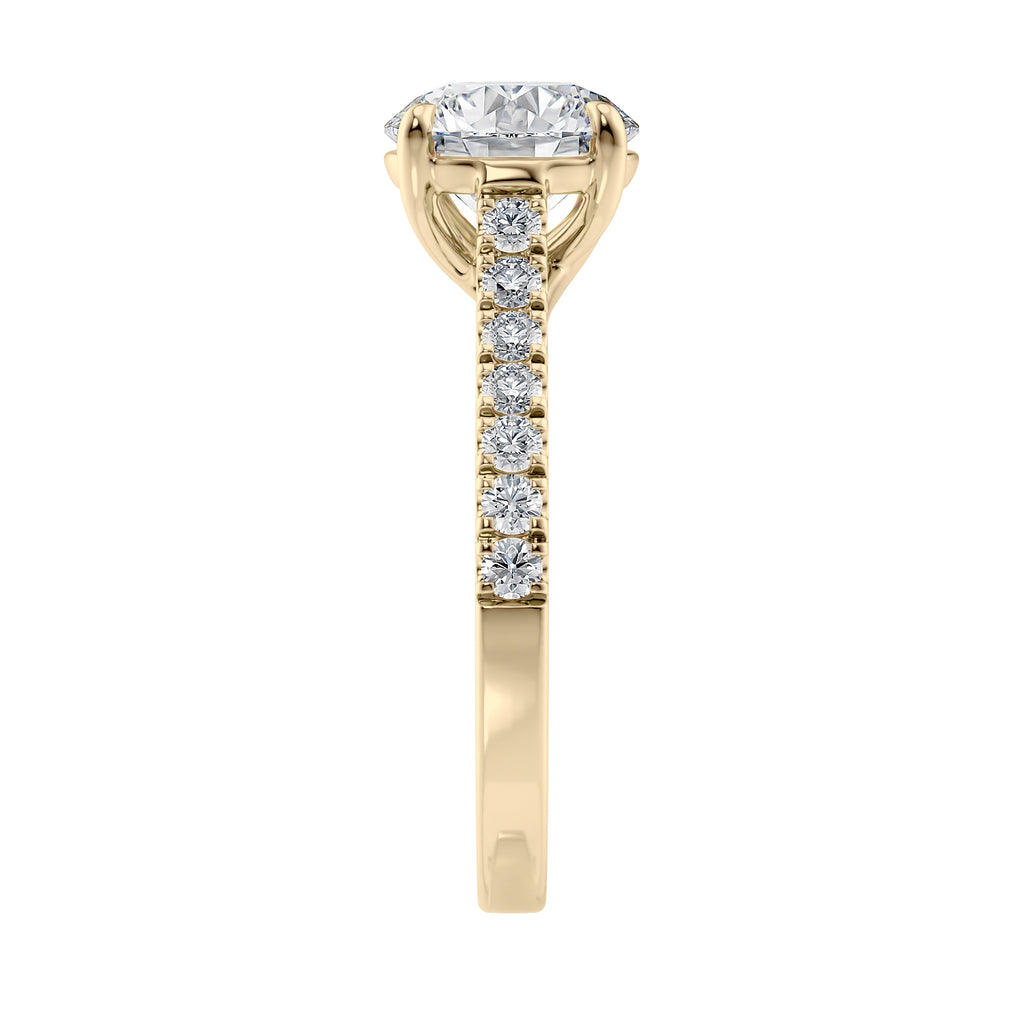 Natural round solitaire with a diamond band gold end view.