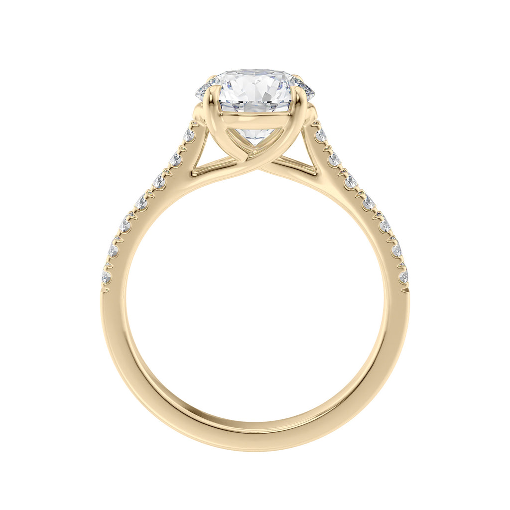 Natural round solitaire with a diamond band gold side view.