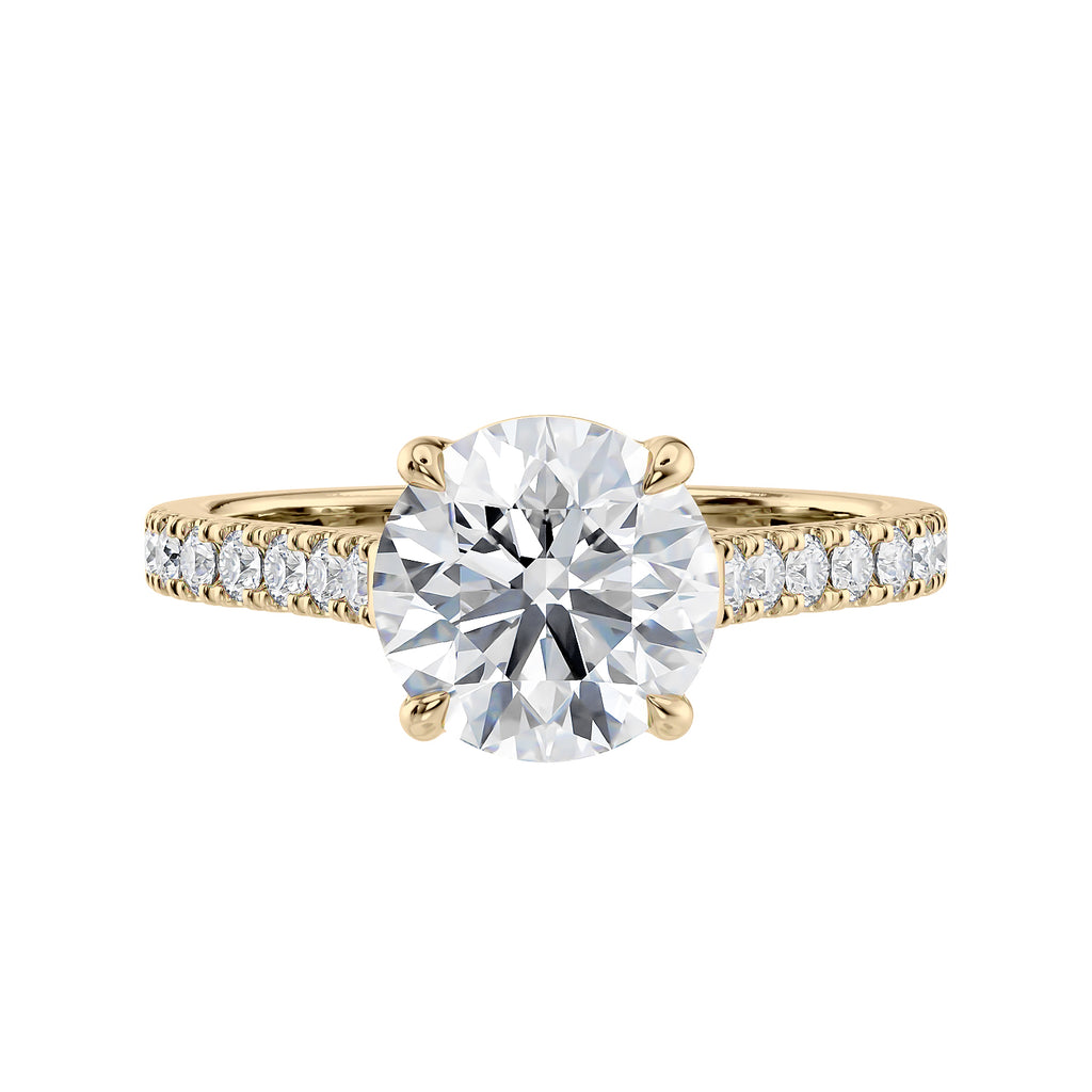 Natural round solitaire with a diamond band gold front view.