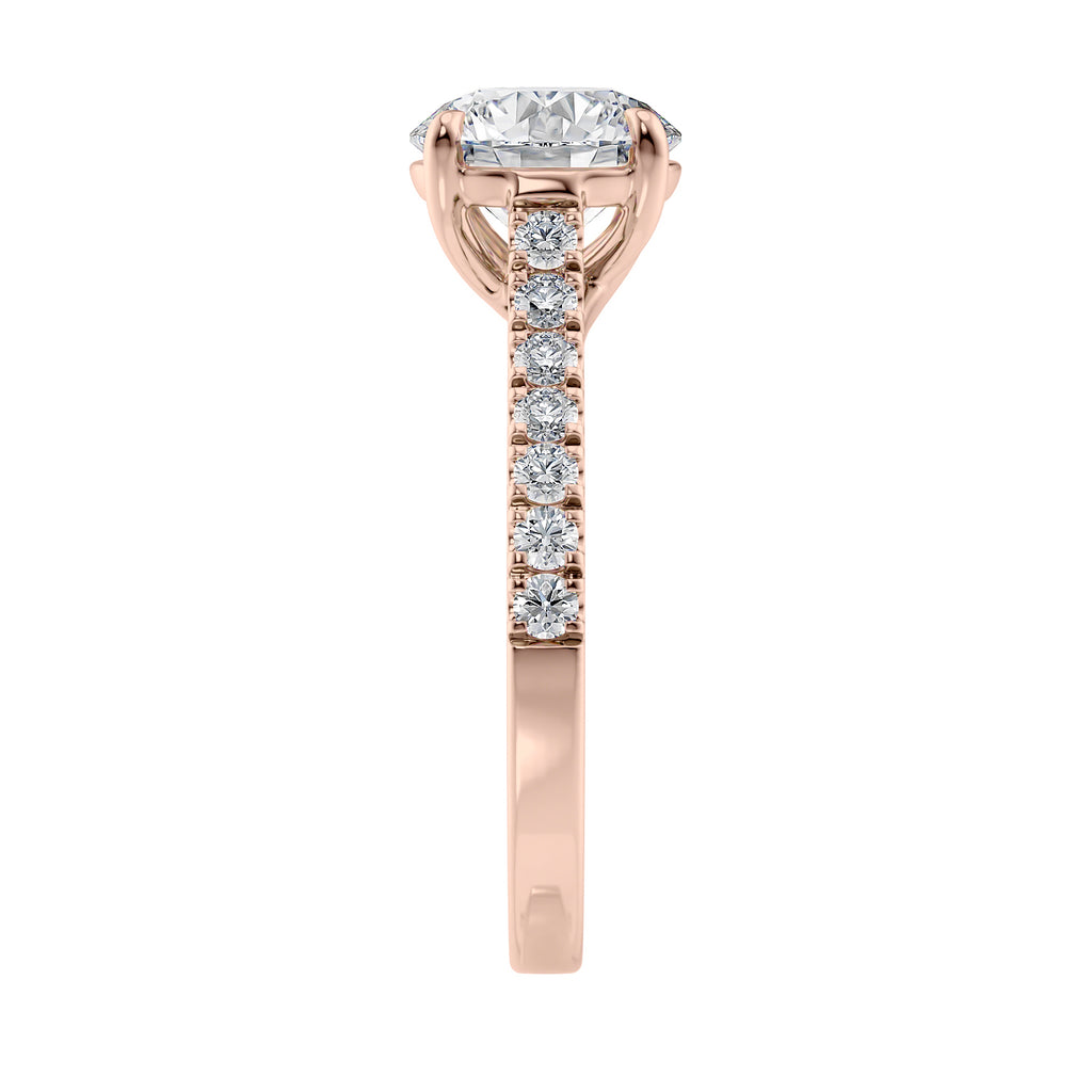 Natural round solitaire with a diamond band rose gold end view