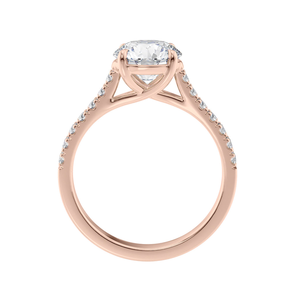 Natural round solitaire with a diamond band rose gold side view.