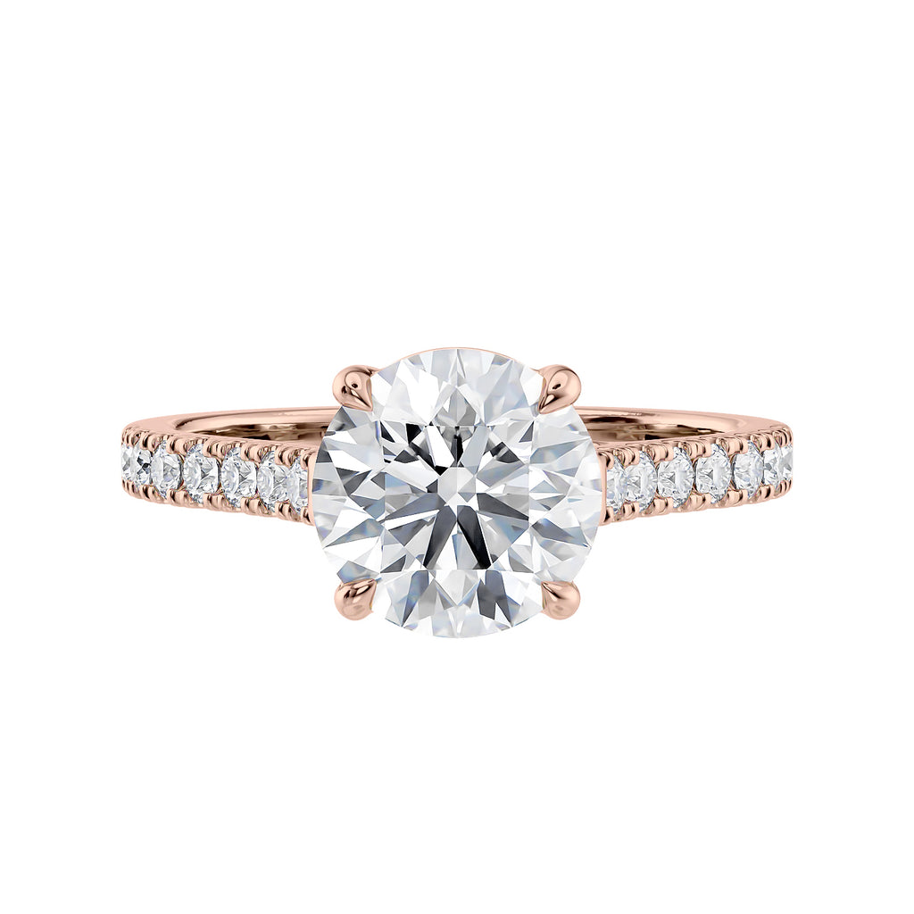 Natural round solitaire with a diamond band rose gold front view.