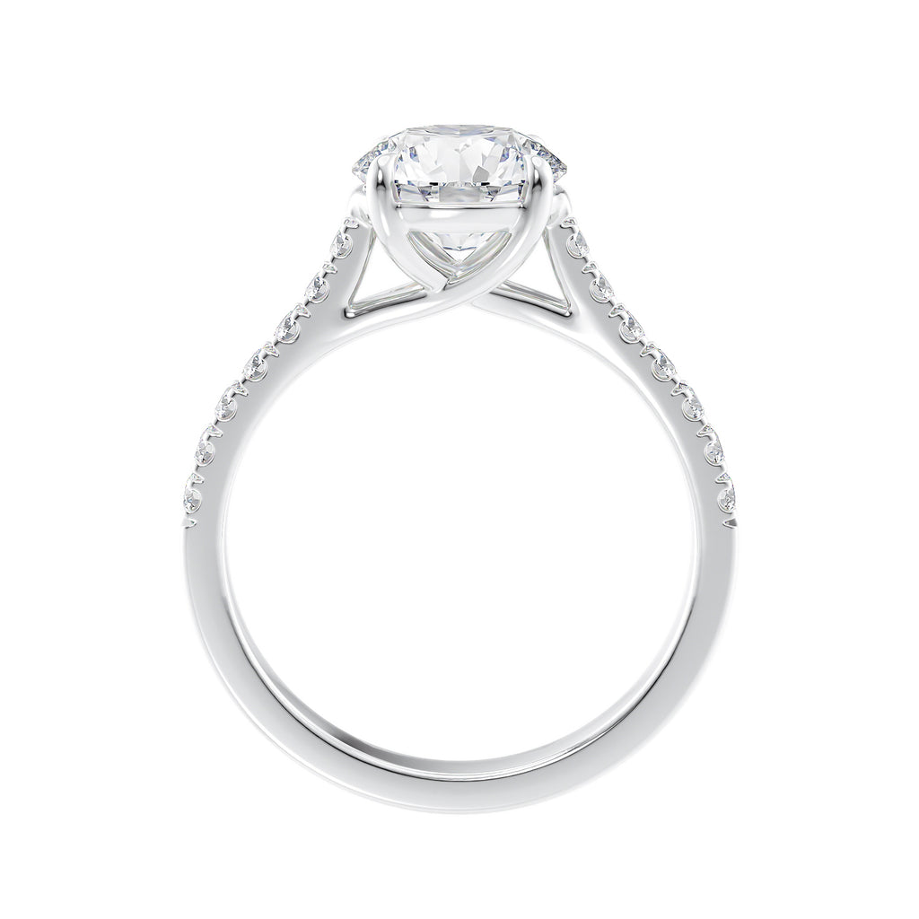 Natural round solitaire with a diamond band white gold side view.
