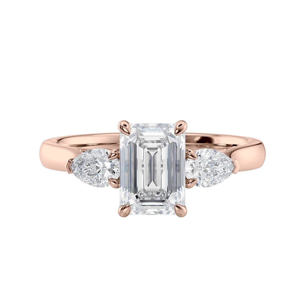 Emerald cut diamond engagement ring with pear sides 18ct rose gold front view.