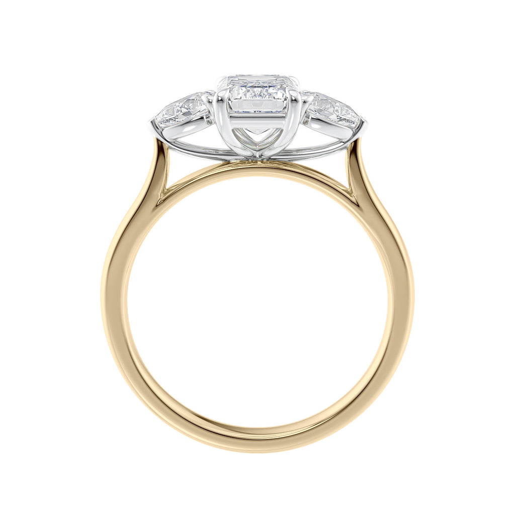Emerald cut diamond engagement ring with pear sides 18ct yellow gold side view.