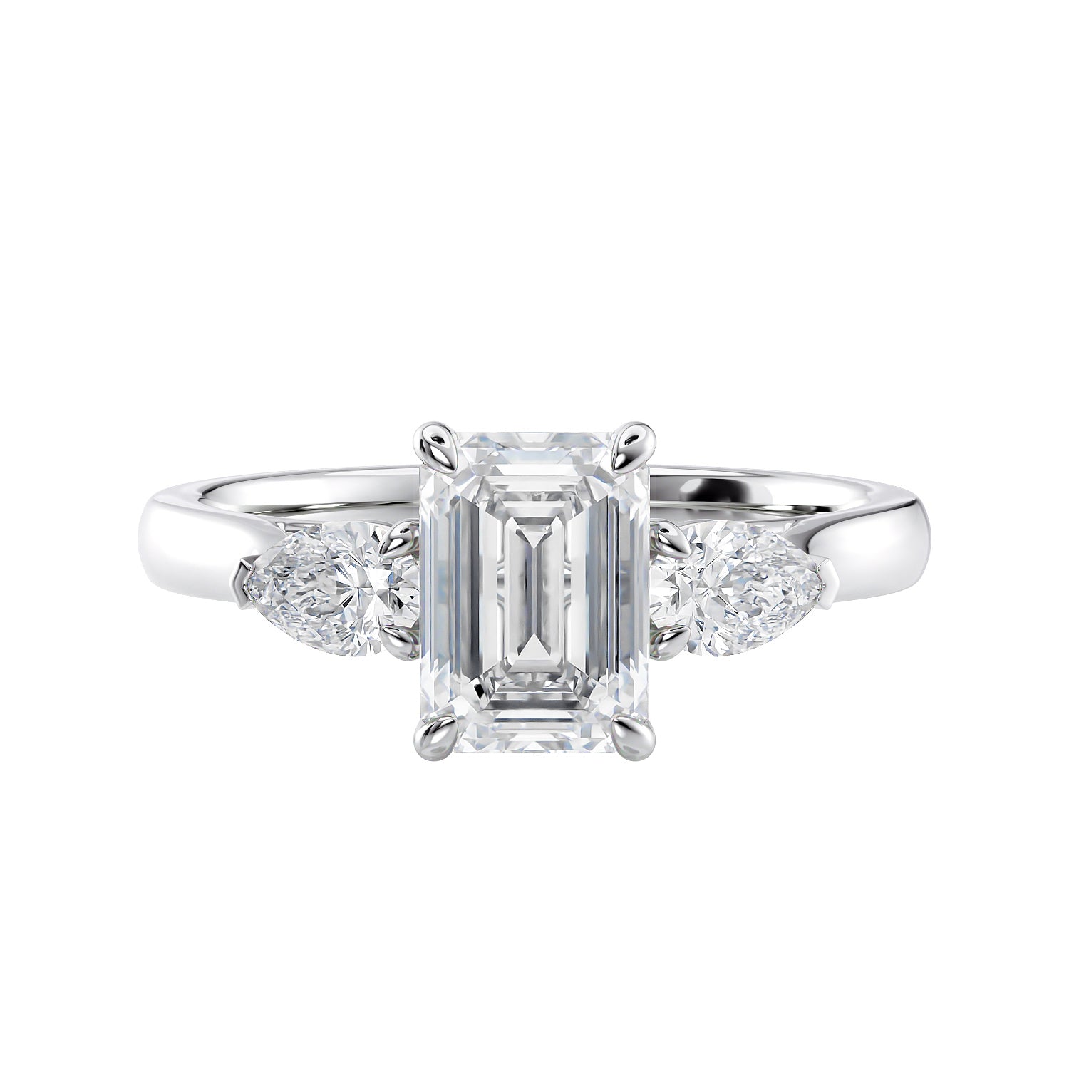 Emerald cut diamond engagement ring with pear sides white gold front view.