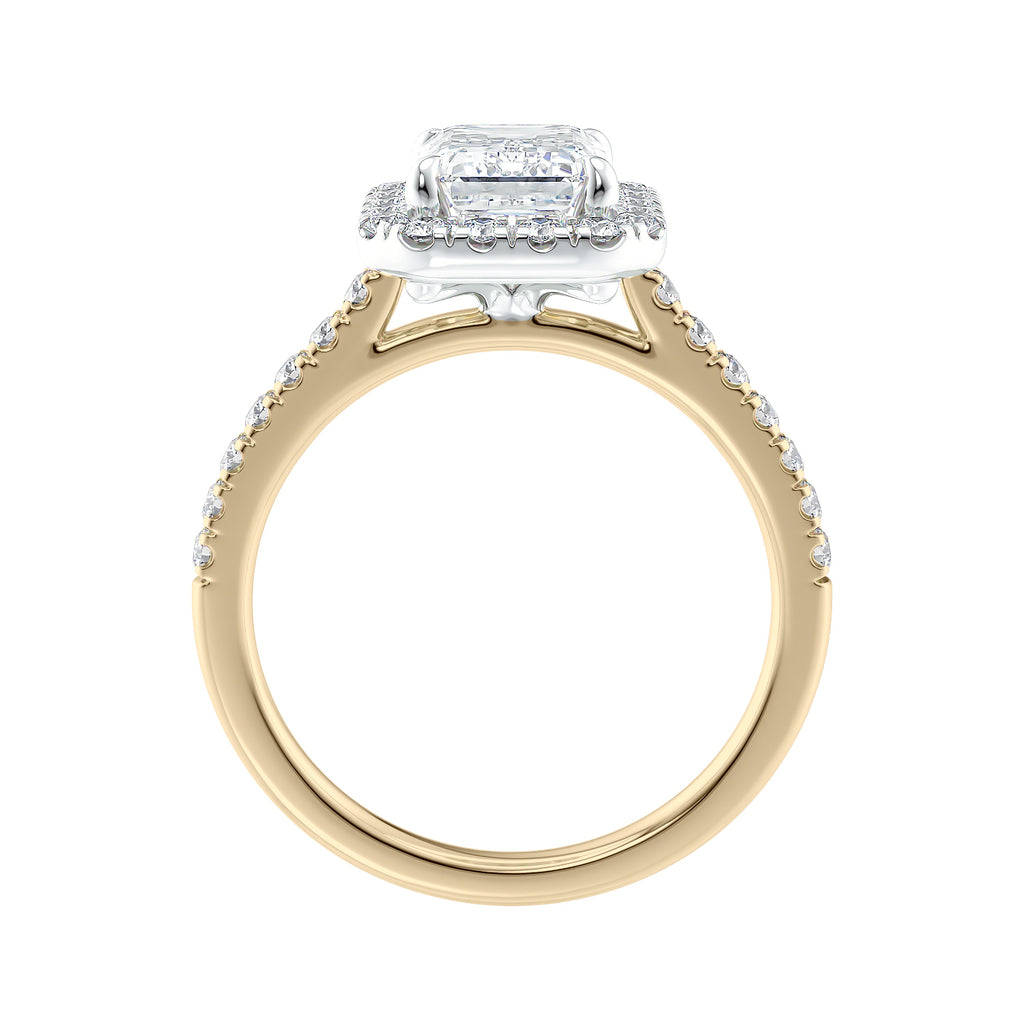 Emerald cut halo lab grown diamond engagement ring with castle set diamond set band 18ct gold side view.