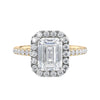 Emerald cut halo lab grown diamond engagement ring with castle set diamond set band 18ct gold front view.