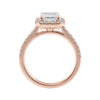 Emerald cut halo lab grown diamond engagement ring with castle set diamond set band 18ct rose gold side view.
