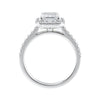 Emerald cut halo lab grown diamond engagement ring with castle set diamond set band white gold side view.