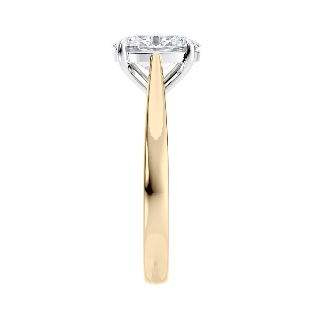 Mined diamond oval engagement ring gold end view.