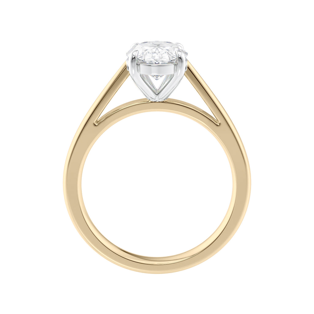 Mined diamond oval engagement ring gold side view.