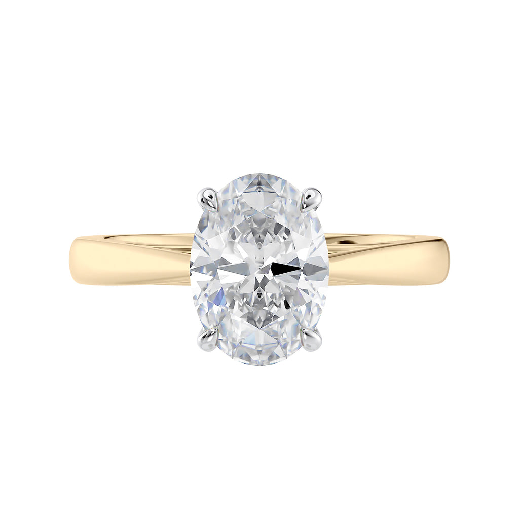 Mined diamond oval engagement ring gold front view.