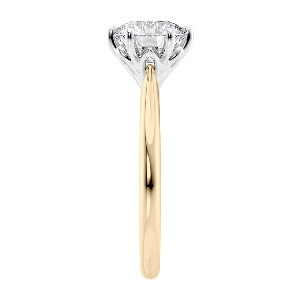 Yellow gold 6 claw solitaire diamond engagement ring end view.
