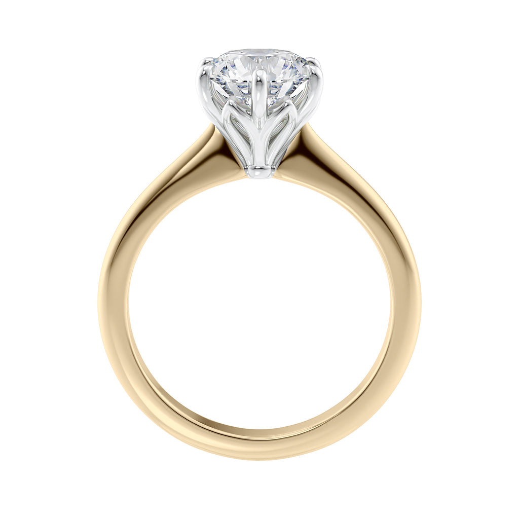 Yellow gold 6 claw solitaire diamond engagement ring side view.