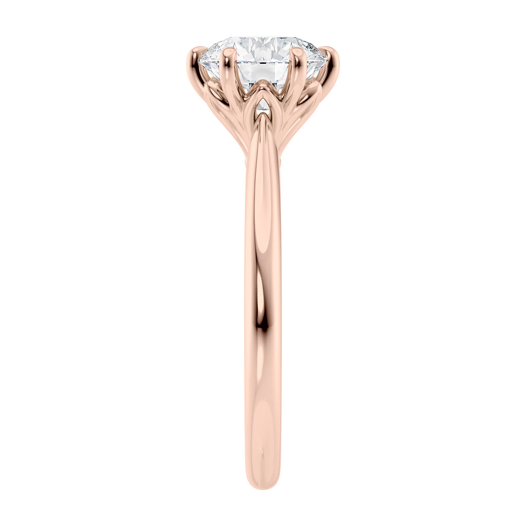 Rose gold 6 claw solitaire diamond engagement ring end view.