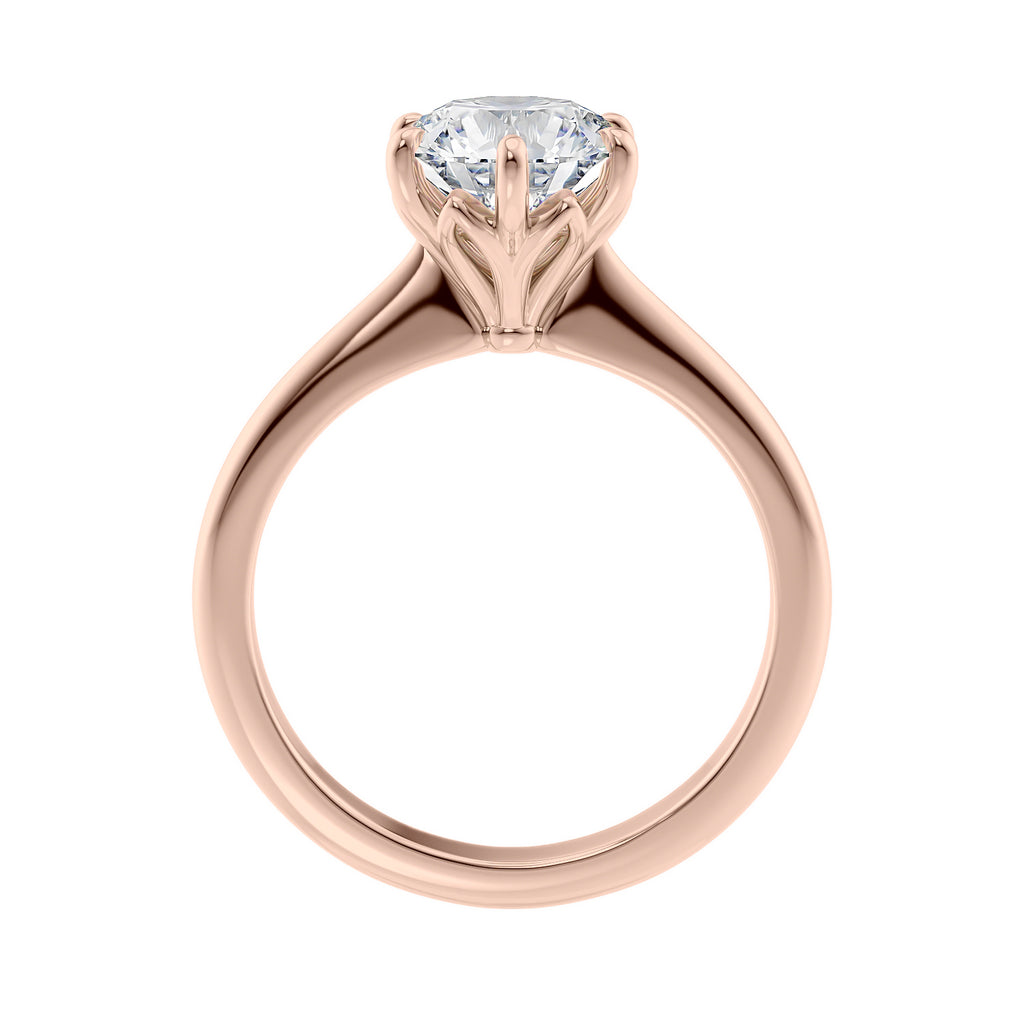 Rose gold 6 claw solitaire diamond engagement ring side view.