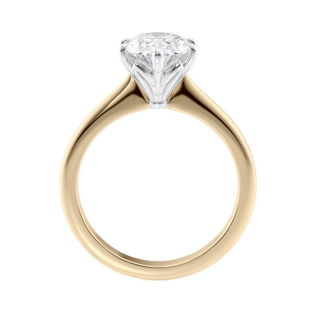 6 claw oval solitaire mined diamond engagement ring yellow gold side view.