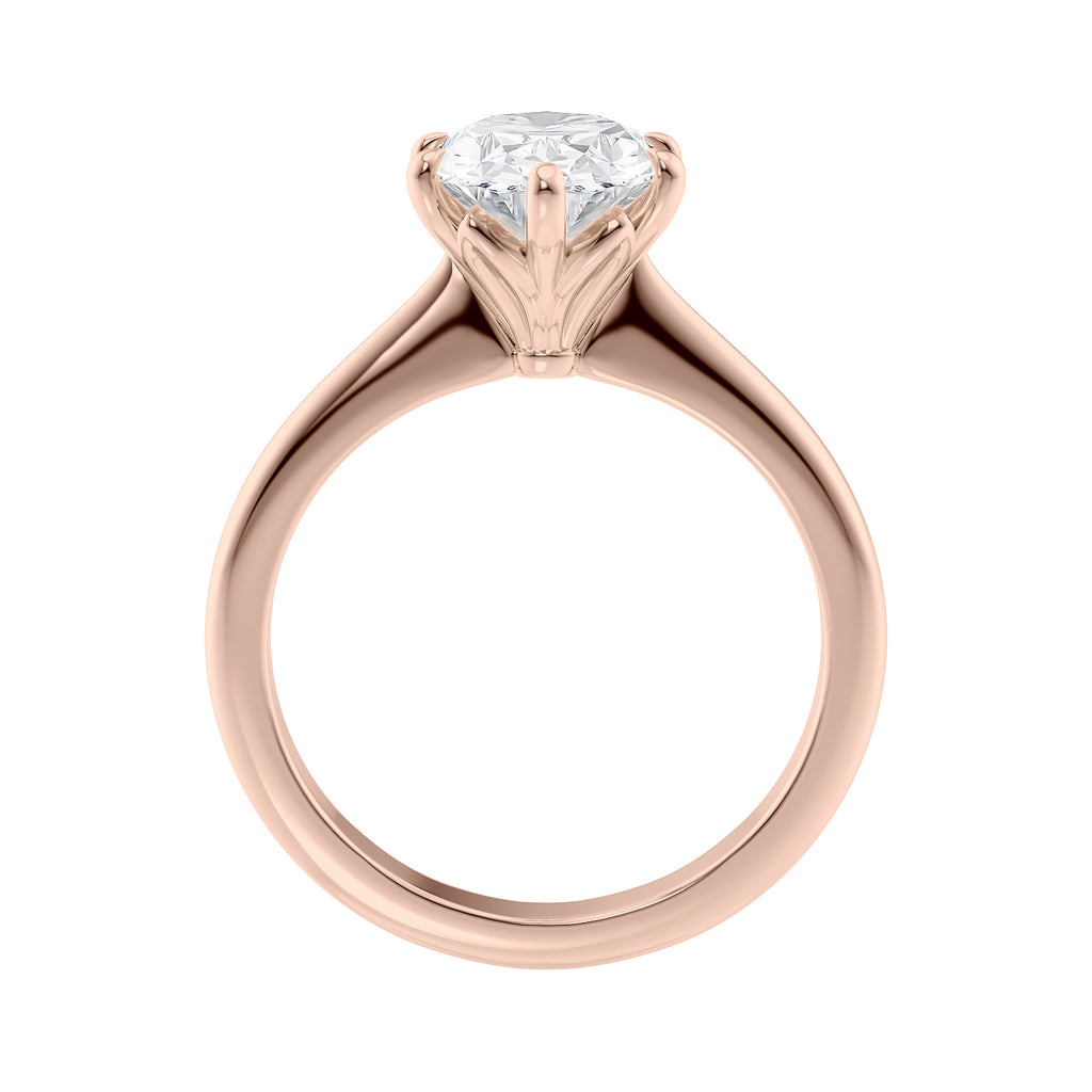 6 claw oval solitaire mined diamond engagement ring rose gold side view.