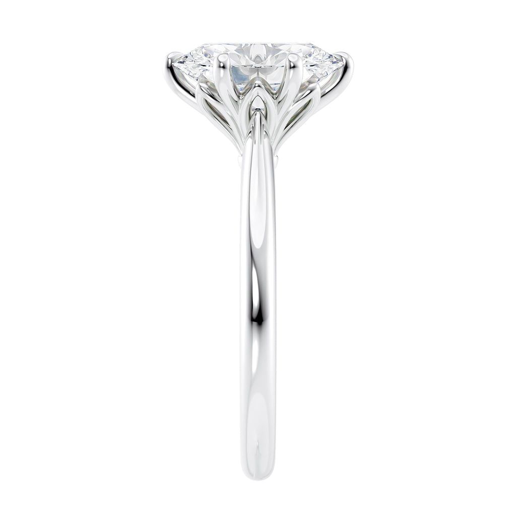 6 claw oval solitaire mined diamond engagement ring white gold end view.