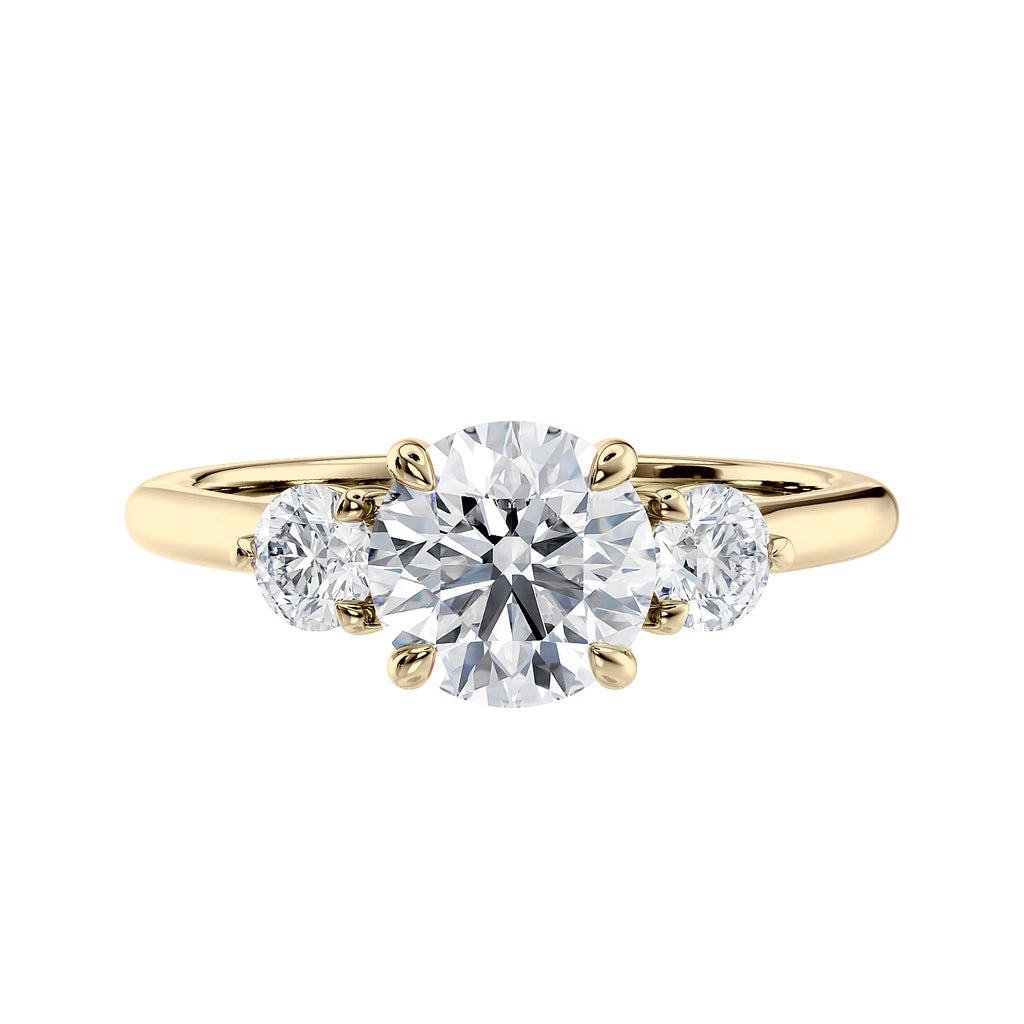 Round brilliant cut diamond 3 stone engagement ring with small side diamonds 18ct gold front view.