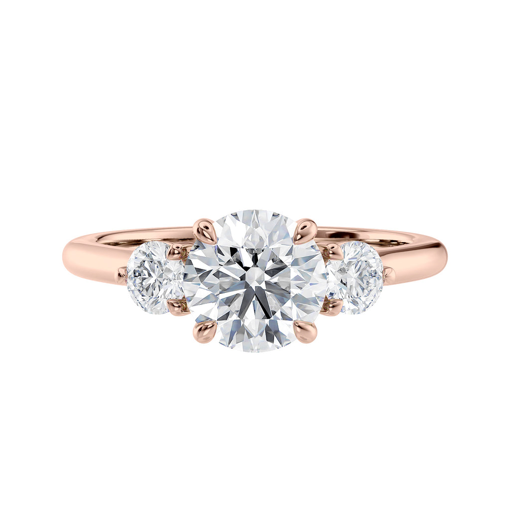Round brilliant cut diamond 3 stone engagement ring with small side diamonds rose gold front view.