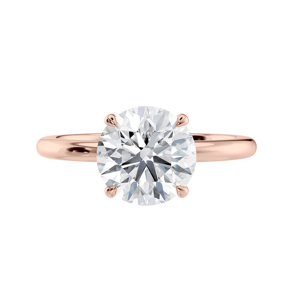 Lab grown solitaire diamond engagement ring with thin band rose gold front view.