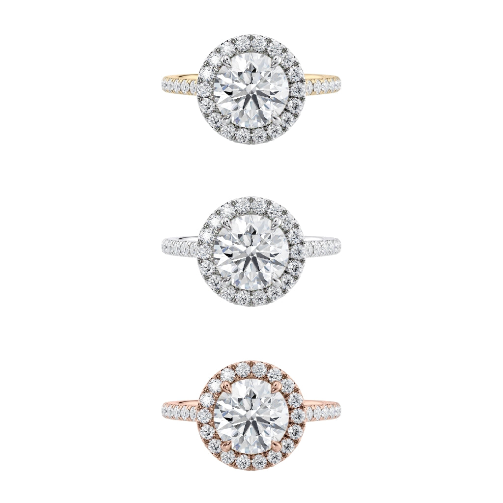 Three diamond rings with different metal finishes on a white background