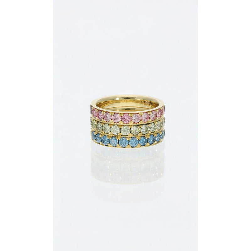 triple band ring with pink yellow and blue diamonds in gold pave setting