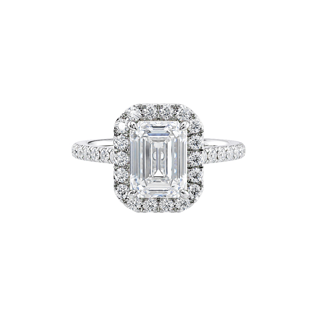 Diamond ring with emerald-cut center stone and halo on a white background