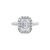 Diamond ring with emerald-cut center stone and halo on a white background
