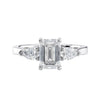 Emerald cut diamond engagement ring with pear cut sides white gold front view.